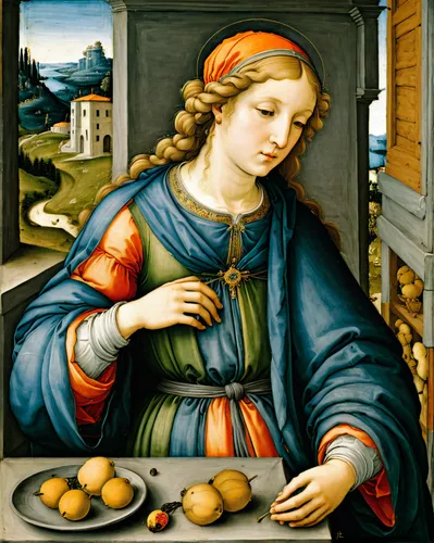 woman eating apple,botticelli,girl with bread-and-butter,woman holding pie,amaretti di saronno,girl picking apples,raffaello da montelupo,woman with ice-cream,girl in the kitchen,woman drinking coffee,bellini,meticulous painting,portrait of christi,florentine biscuit,sicilian cuisine,marzipan balls,italian painter,picking vegetables in early spring,the annunciation,painting eggs,Art,Classical Oil Painting,Classical Oil Painting 34