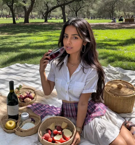 The Moroccan girl is having a picnic on the grass in Central Park.  Next to her is a straw basket with a bottle of wine, fruit and cheese.  She is sitting on a plaid blanket.  She wears a transparent 