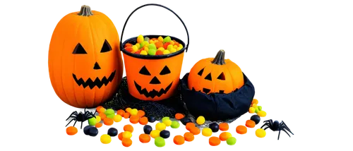 Spooky Halloween scene, colorful candies scattered, pumpkin bucket, trick-or-treat bag, spider web, creepy crawlies, glowing jack-o-lantern, eerie ambient light, warm color tone, shallow depth of fiel