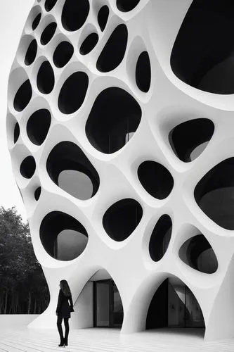 Girl, miniature, minimalist, Zaha Hadid 520 west , symmetric charcoal honeycomb, architecture residential, building facade minimalist biomimicry, urban space plaza, modular symmetric construction stud