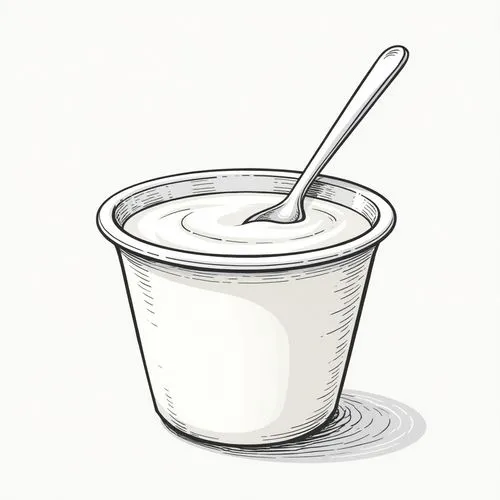 A simple yogurt cup with a small spoon coming out of it. The outline of the cup is rounded, and the drawing is made with soft lines, without color fill.. just the lines no color just with black lines,