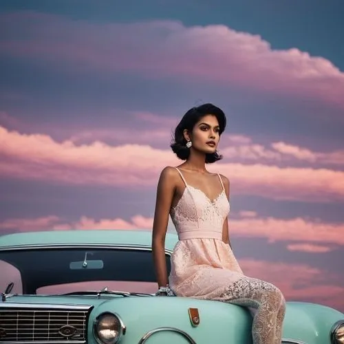 legs,the woman is sitting on top of a classic car,bridal car,girl and car,pink car,50's style,padmini,quinceaneras