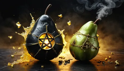 a lethal pear powered machine, its hilt formed from a lump of depleted uranium that fits in my hand, make it black and gold materials, pentagon shape, key, intricate details, pentagram, pear, apocalyp