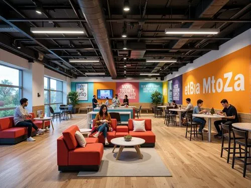 Vibrant youth center, open communal areas, comfortable seating zones, inspirational quote walls, dynamic lighting systems, modern minimalist decor, sleek wooden floors, colorful accent walls, flexible