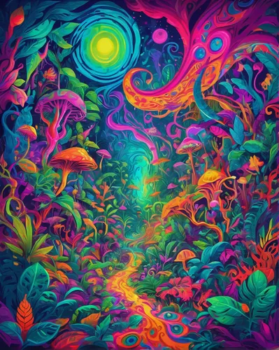 psychedelic art,colorful tree of life,psychedelic,mushroom landscape,colorful spiral,lsd,forest of dreams,fairy world,pachamama,colorful background,coral reef,vibrant,fairy galaxy,coral swirl,fairy forest,acid,hallucinogenic,colorful doodle,acid lake,garden of eden,Conceptual Art,Oil color,Oil Color 23