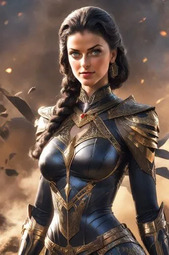 High-resolution image of a woman with vintage makeup, and red lipstick.,a woman dressed in black clothing with a sword in her hand,themyscira,hela,wonderwoman,yavana,female warrior,wonder woman city,D