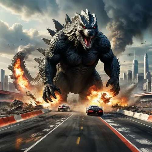 tipico paisaje de una ciudad destruida, con Godzilla destruyendo la ciudad, foto ultra realista HD,godzilla from the movie godzilla rides over cars,godzilla,kaiju,gojira,upazilla,kaijuka,beheira,Conce