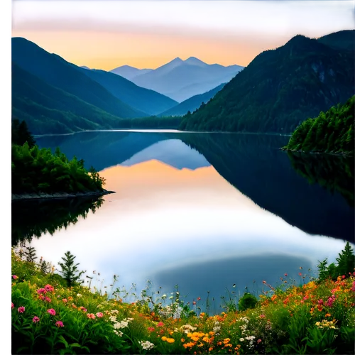 Beautiful scenery, vibrant colors, stunning landscape, soft focus, warm lighting, golden hour, panoramic view, majestic mountains, serene lake, lush greenery, delicate flowers, gentle mist, 3/4 compos