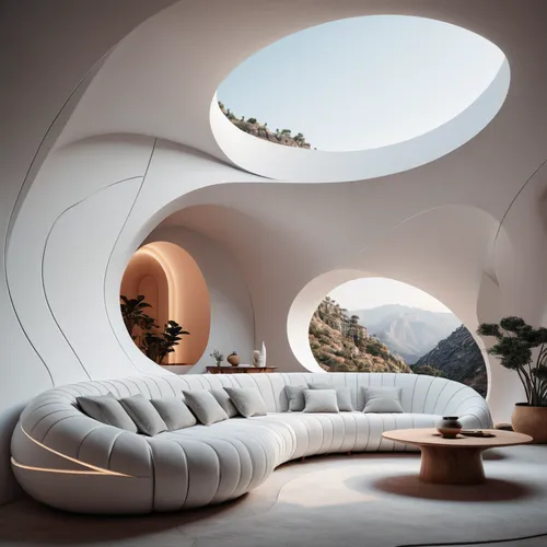 ( living room with sofa:1.2) of a house with round lines built into the side of a mountain, a 3D render, unsplash contest winner, hypermodernism, trending on dezeen, white minimalist architecture, bea