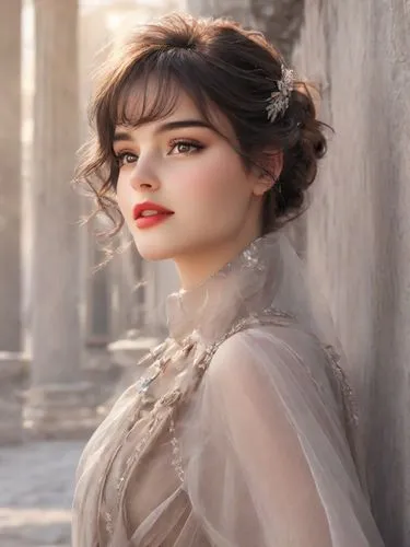 a woman with an old hairdo standing near a wall,miss circassian,assyrian,romantic look,kurdish,armenian,persian,Photography,Realistic