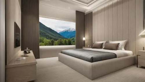 replace this with a glass window in which outside we see a beautiful view of the green moutains with trees an landscape make it more realistic ,a luxurious bedroom is seen in this artist's rendering,m