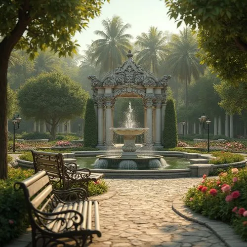 Baroque style park, grand fountain, intricate stone carvings, lush greenery, vibrant flowers, ornate benches, winding paths, corrugated iron gazebo, delicate filigree details, rustic texture, aged pat