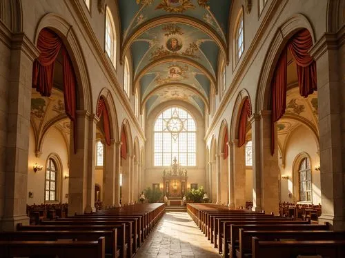 Ethereal church interior, soft golden light, warm beige stone walls, rich velvet drapes, intricate wooden pews, stained glass windows, ornate Gothic arches, delicate frescoes, heavenly blue ceiling, s