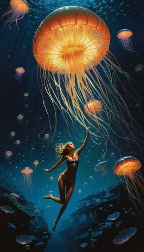 jellyfish,underwater background,jellyfish collage,under the sea,cnidaria,under sea,undersea,bioluminescent,under the water,underwater landscape,aquarium,mermaid background,sea life underwater,underwater world,nausicaa,ocean underwater,under water,seaquarium,spermatophores,the bottom of the sea,Conceptual Art,Sci-Fi,Sci-Fi 21