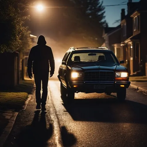 A silhouetted man alone in a dark street being blinded by the ultra-bright headlights of a silhouetted car in a suburban area

































,a man is walking next to his car as it p