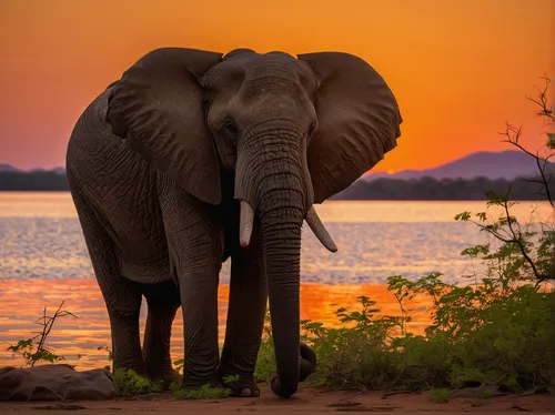 A adult African bush elephant, Loxodonta africana, at sunset on the shore of Lake Kariba, Zimbabwe.,african elephant,african bush elephant,african elephants,elephantine,elephant with cub,tsavo,elephan