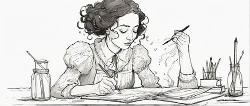 girl studying,writing or drawing device,illustrator,book illustration,caricaturist,the girl studies press,hand-drawn illustration,seamstress,drawing course,girl drawing,stressed woman,librarian,jane austen,author,game drawing,woman thinking,pencils,tutor,quill pen,table artist,Illustration,Black and White,Black and White 02