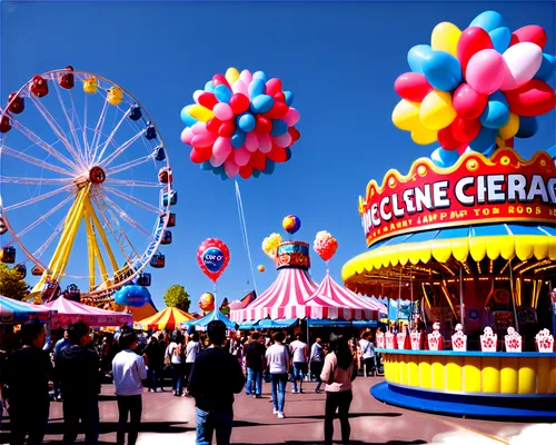 State fair scene, daytime, sunny weather, Ferris wheel in background, colorful balloons, festive atmosphere, smiling faces, casual clothing, cotton candy, popcorn stands, game booths, stuffed animal p