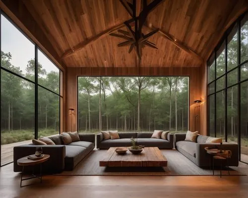 Waxahachie-inspired architectural wood design, modern luxurious villa, large windows, wooden ceiling beams, natural light pouring in, wooden floorboards, polished to perfection, minimalistic decor, co