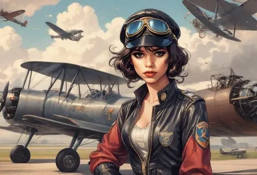 goth victorian woman pin up,a woman in a aviator uniform standing next to an airplane,aviatrix,aeronauticas,earhart,superfortress,glider pilot,piloto,Digital Art,Anime