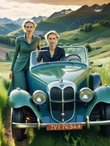 German political leader Alice Weidel dominates the action. She drives through a green Swiss meadow landscape with her pretty female partner in a valuable car whose dark green paintwork reflects the br