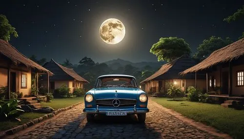 there is a car parked in a yard with a full moon in the background, digital art by Krzysztof Boguszewski, cg society contest winner, digital art, moonlit kerala village, nightime village background, a