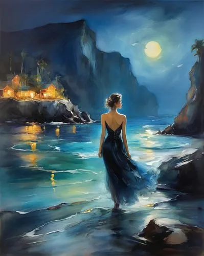 sea night,the night of kupala,sea landscape,fantasy picture,art painting,night scene,Illustration,Paper based,Paper Based 11