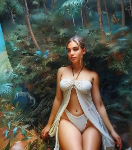 princess leia,fantasy portrait,water nymph,fantasy picture,fantasy art,fantasy woman,in the forest,the blonde in the river,garden of eden,secret garden of venus,venus,3d fantasy,faerie,magnolia,flora,girl in the garden,sauna,art model,oil on canvas,kim,Illustration,Paper based,Paper Based 04