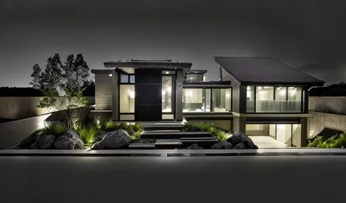 modern design and exterior of a modern house at night, in the style of vray tracing, the stars art group (xing xing), dark, foreboding landscapes, subtle tonal values, organic stone carvings, nature i