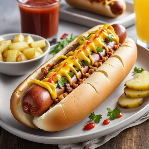 Crie uma imagem de um delicioso hot dog coberto com batata palha brasileira. O hot dog deve ter um pão macio e dourado, uma salsicha suculenta e estar coberto com ketchup e mostarda. Sobre o molho, ad