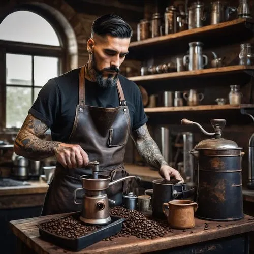 Skull, coffee pot, industrial designer, male, 30s, black hair, goatee, thick eyebrows, intense gaze, tattooed arms, black leather apron, metal workshop, tools scattered, coffee beans, grinder, brewing