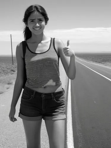 B&W high res photo: A poor-looking young woman stands at the side of the road with her thumb up, hitchhiking.,a woman holding up a thumb on an empty highway,hitchhiked,hitchhikes,hitchhiking,hitchhike