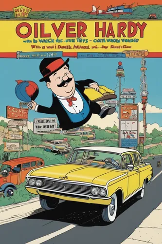 Join Oliver Hardy on a wacky road trip where everything that can go wrong, does go wrong.,oliver hardy,harvey wallbanger,cd cover,harvey,cover,harley,muscle car cartoon,honey dipper,album cover,comic 