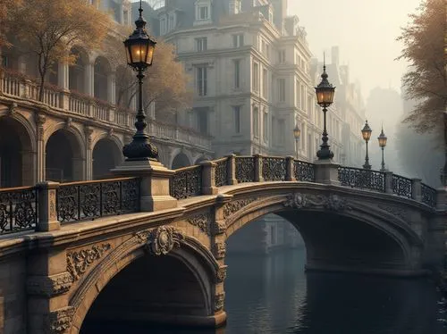 Elegant bridge architecture, ornate stone carvings, grandiose arches, intricate metal railings, majestic lanterns, refined balustrades, ornamental lampposts, classicist columns, symmetrical facades, r