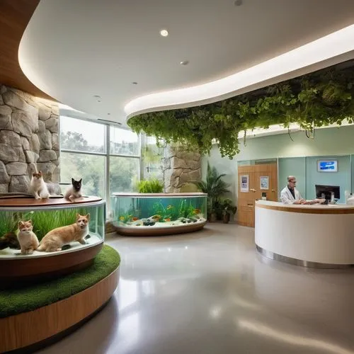 Animal hospital, modern architecture, sleek exterior, glass facade, curved roof, green rooftop garden, solar panels, automatic sliding doors, reception desk with built-in aquarium, friendly nurse in w