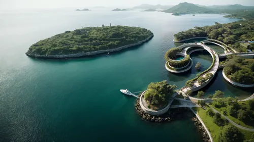 港口城市，海上有一座孤岛，孤岛上有一座太空城,island suspended,futuristic architecture,artificial island,artificial islands,flying island,infinity swimming pool,uninhabited island,lavezzi isles,hydroelectricity,futuristic l