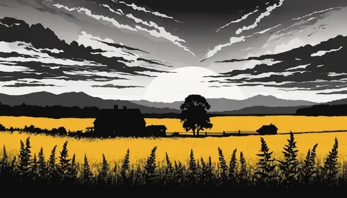 field of rapeseeds,yellow grass,canola,prairie,yellow sky,sunflower field,rapeseed,rapeseed field,chamomile in wheat field,wheat field,rapeseeds,alberta,salt meadow landscape,cowboy silhouettes,montana,wheat fields,aurora yellow,plains,field of cereals,yellow sweet clover,Illustration,Black and White,Black and White 33