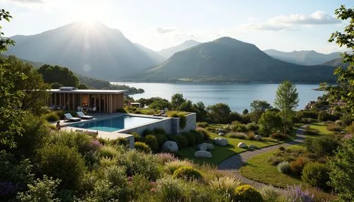 Mountainous landscape, rolling hills, serene lakeside, lush greenery, vibrant wildflowers, meandering walking paths, wooden bridges, natural stone walls, modern architecture, cantilevered roofs, large