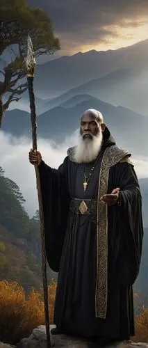 Tel Quessir, mysterious sorcerer, dark skin, bald head, long white beard, intricate silver earrings, black robe with golden trim, holding a staff, misty mountainous background, ancient trees, mystical