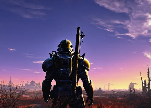 dusk background,lone warrior,dusk,fallout4,plains,wasteland,the wanderer,fresh fallout,fallout,sentinel,purple and gold,horizon,epic sky,the horizon,paladin,hunter's stand,silhouette against the sky,witcher,alien warrior,sterntaler,Conceptual Art,Sci-Fi,Sci-Fi 12