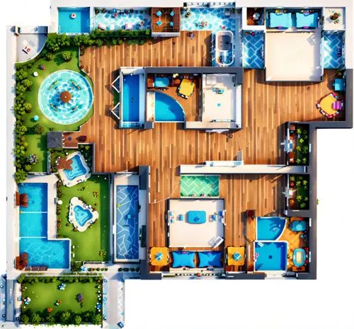 a room is shown with a large pool and furniture,maplestory,avernum,hotel complex,township,apartment complex,resorts,Anime,Anime,General