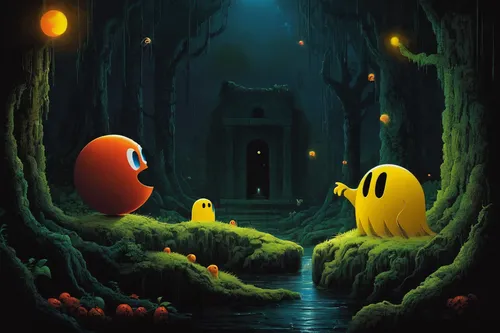 halloween ghosts,halloween illustration,halloween poster,game illustration,haunted forest,pac-man,halloween scene,ghost castle,neon ghosts,halloween background,pacman,retro halloween,cartoon video game background,ghosts,haunted castle,night scene,cut the rope,halloween wallpaper,adventure game,the haunted house,Conceptual Art,Sci-Fi,Sci-Fi 17