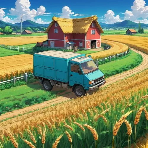 farm background,farm tractor,farm landscape,lupini,tractor,cartoon video game background,Illustration,Japanese style,Japanese Style 03