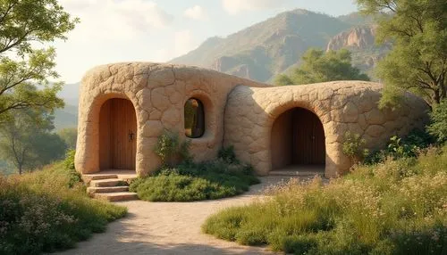 rivendell,mountain settlement,stone oven,theed,mausoleum ruins,archways,stone gate,rock arch,3d render,arches,riftwar,quartz sandstone peak woodland landscape,render,stoneworks,ancient house,nargothrond,3d rendering,natural arch,limestone arch,house in the mountains,Photography,General,Realistic