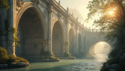 Marble material, bridge aesthetics, ancient Roman architecture, ornate carvings, white marble pillars, arches, grandeur, monumental, river flowing beneath, misty morning, warm sunlight, golden lightin