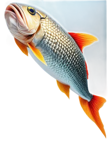 Red drum fish, underwater scene, solo, vibrant red scales, yellow fins, black stripes, 3D-like texture, shiny body, swimming action, mouth open, realistic, natural light, panoramic view, cinematic com