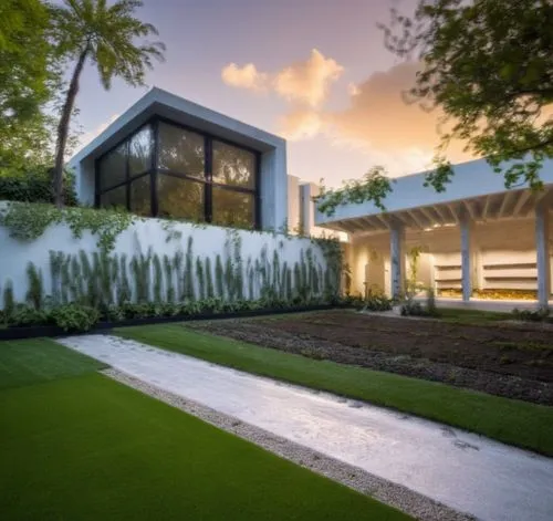 Diseño exterior de una casa moderna estilo minimalista combinando muros de color blanco con muros de tabique aparente, herrería de aluminio con cristal, fotografía hiperrealista, fotografía arquitectó