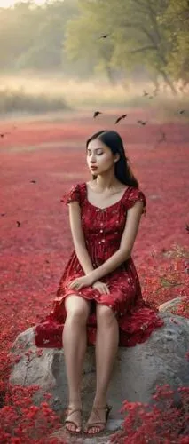 art photography,red petals,red water lily,fallen petals,man in red dress,girl in red dress