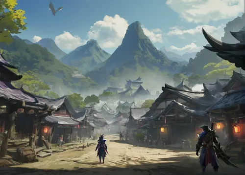 korean folk village,mountain settlement,mountain village,chinese background,concept art,ancient city,yunnan,meteora,fantasy landscape,game illustration,tsukemono,development concept,huashan,hwachae,world digital painting,backgrounds,game art,guizhou,guilinggao,wuchang,Conceptual Art,Fantasy,Fantasy 02