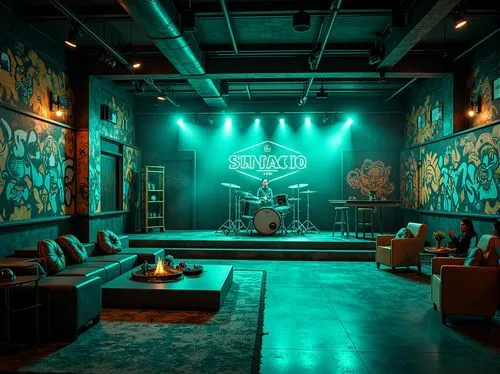 Vibrant teal accents, neon lights, dynamic stage design, eclectic music instruments, graffiti walls, industrial metal beams, polished concrete floors, trendy lounge seating, retro-futuristic decor, ed